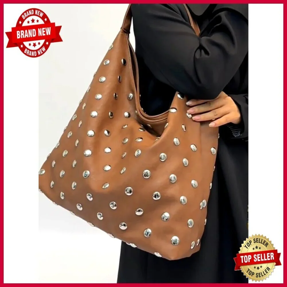 Large Vegan Leather Studded Hobo Bag with Shoulder Strap Tote Purse